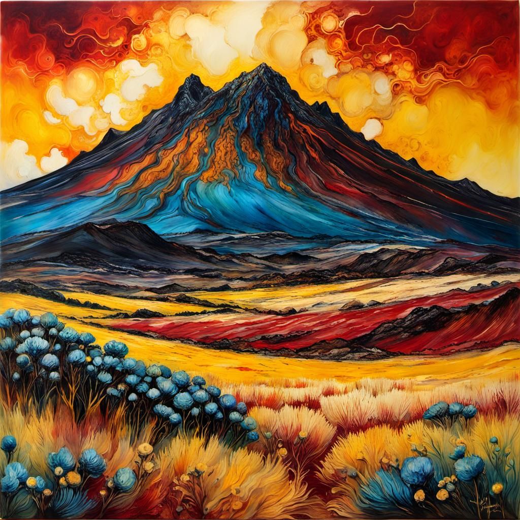 Encaustic Volcano Landscape in Post-Impressionist Style