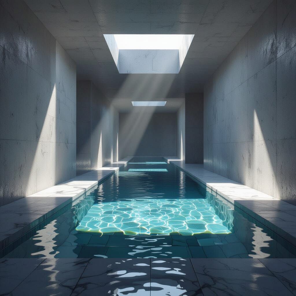 Liminal Pool with Sunlight and Dark Corridors