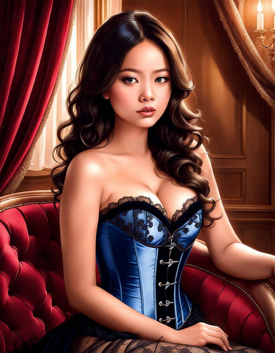 Beautiful Indonesian Woman in Blue Corset: Photorealistic Po...