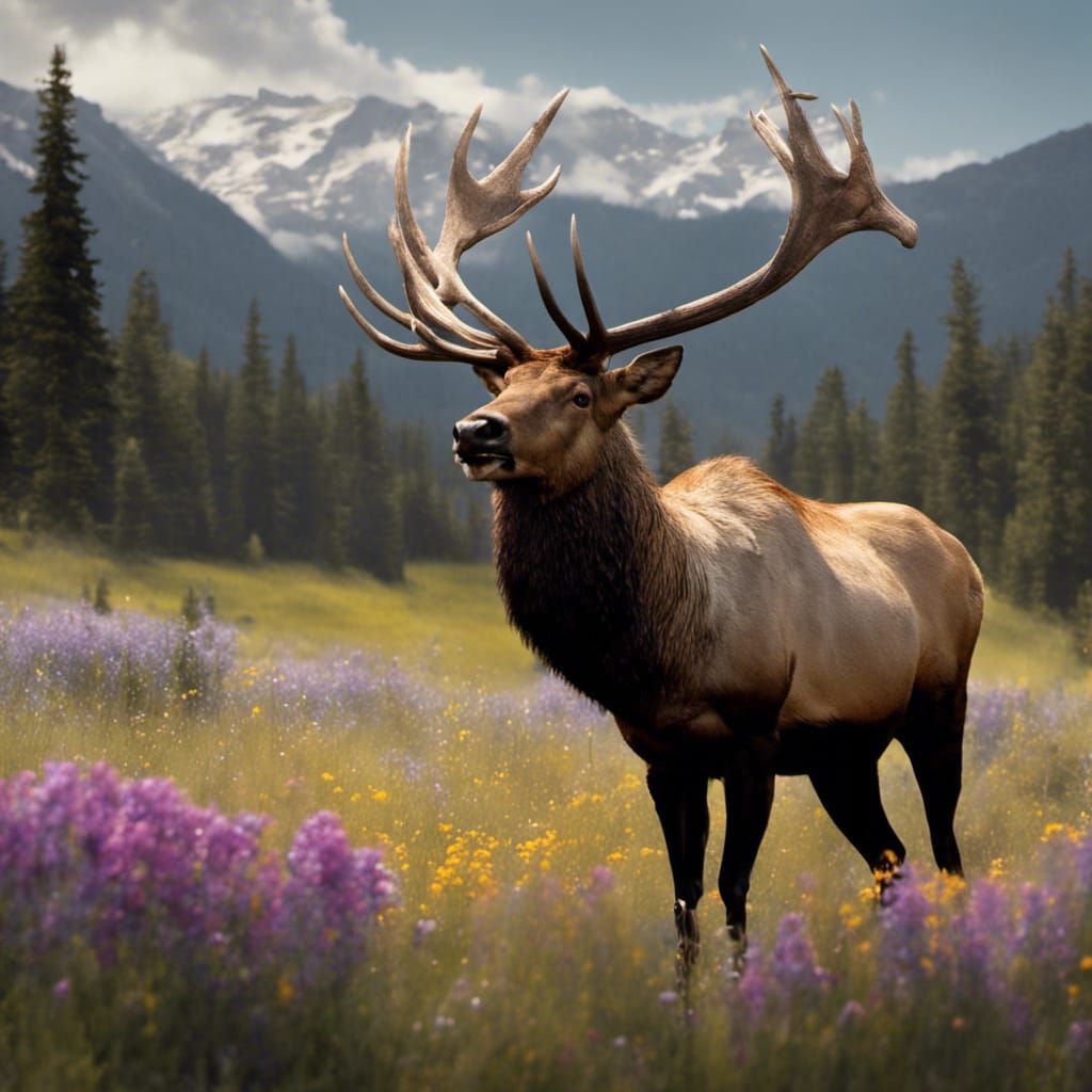 Elk in Mountain Clearing: Detailed Matte Painting