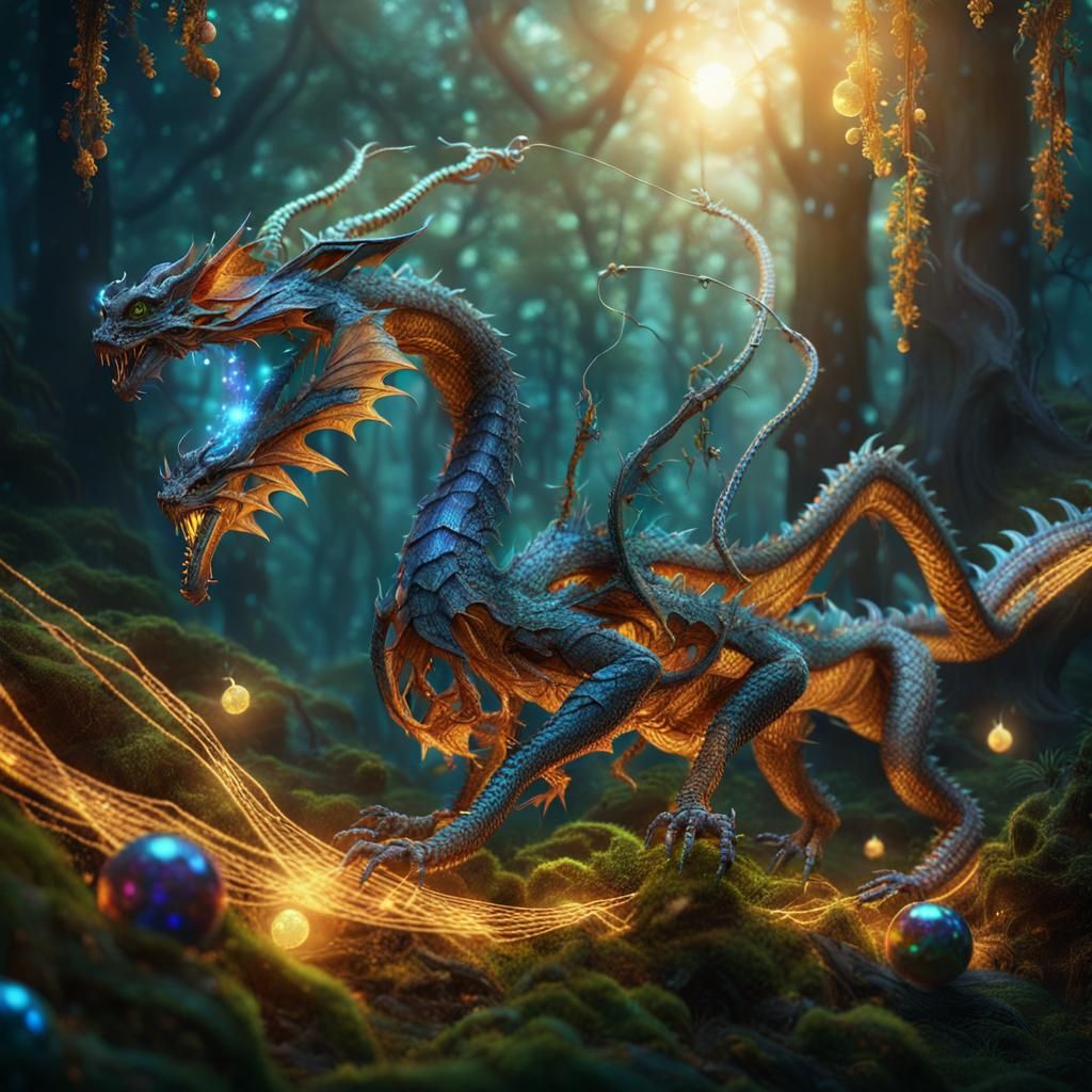 String Dragon in Mystical Forest Digital Painting