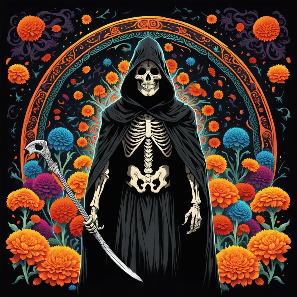 Grim Reaper with Dia De Los Muertos Mask in Rayograph