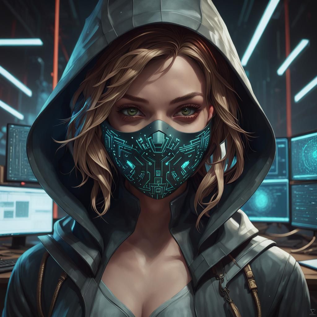 Masked Hacker Portrait in Cyberpunk Style