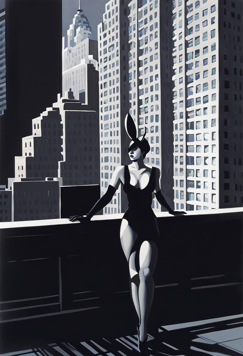 Playboy Bunny Silhouette in Hyperdetailed Cityscape
