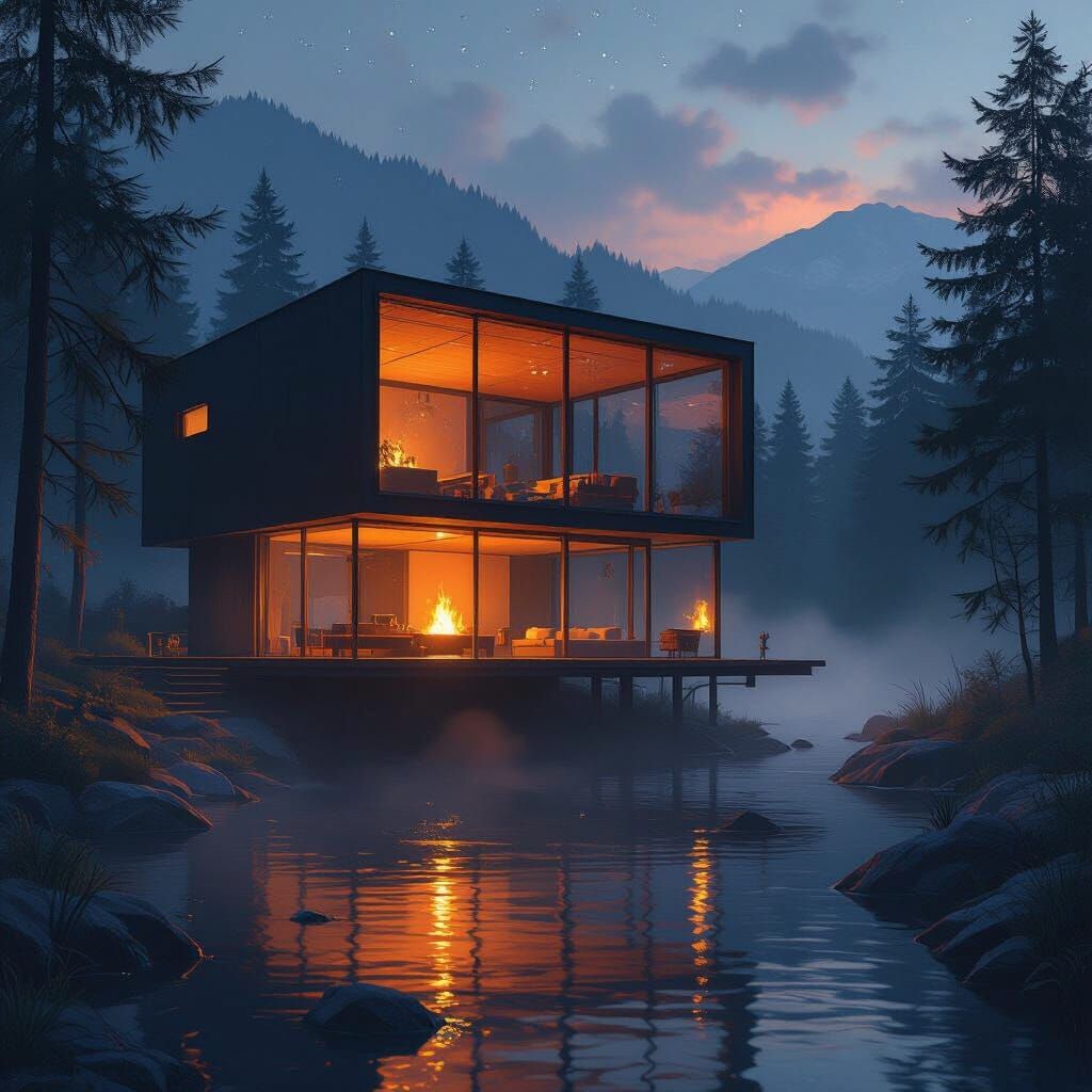 Cozy Glass Cabin at Twilight: Digital Art