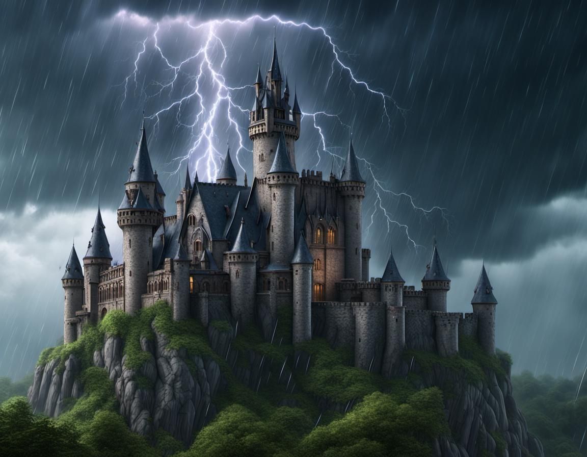 Gothic Castle in Raging Thunderstorm: Fantasy Concept Art