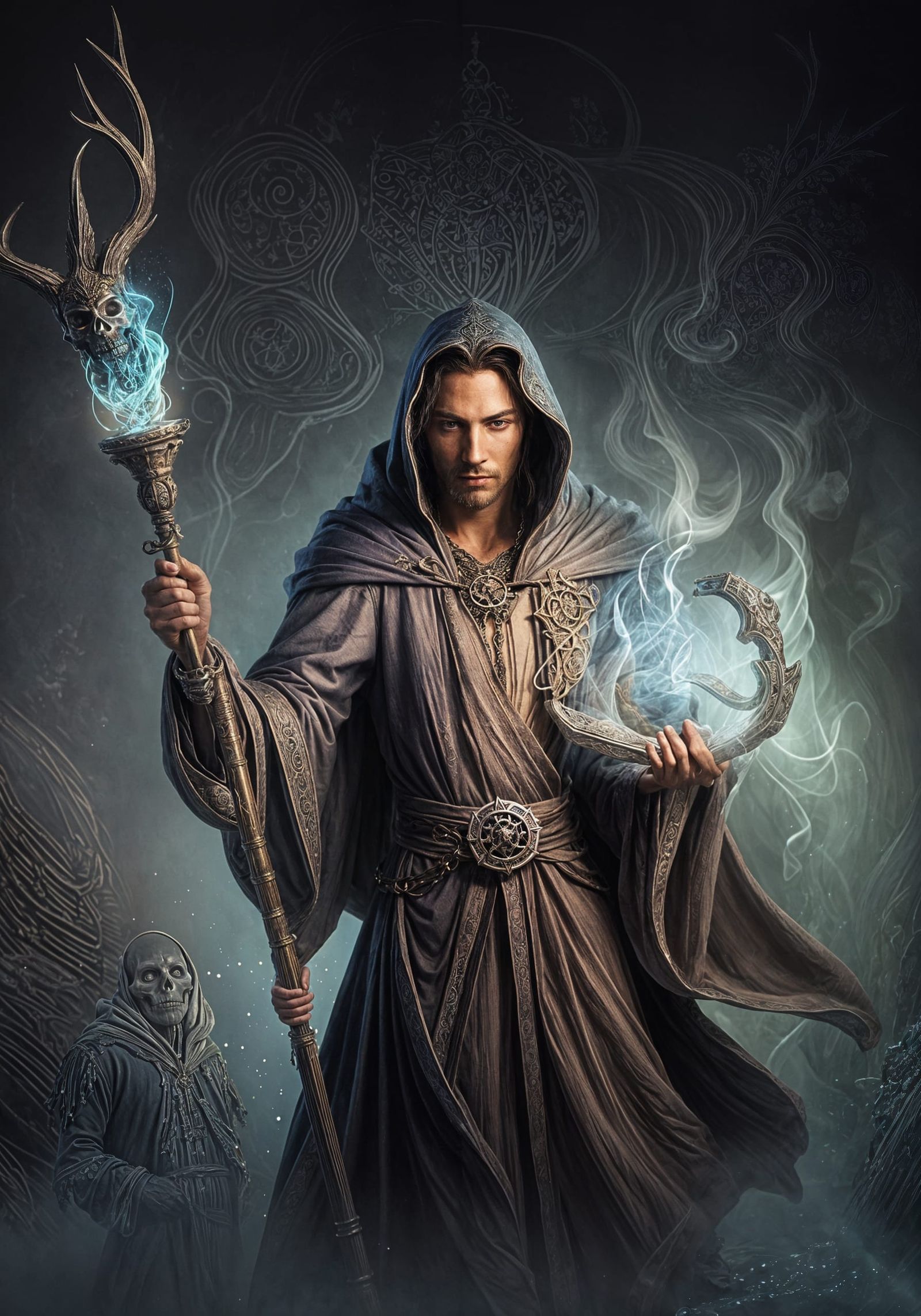 Intricate Sorcerer Conjuring Skull Magic from Book