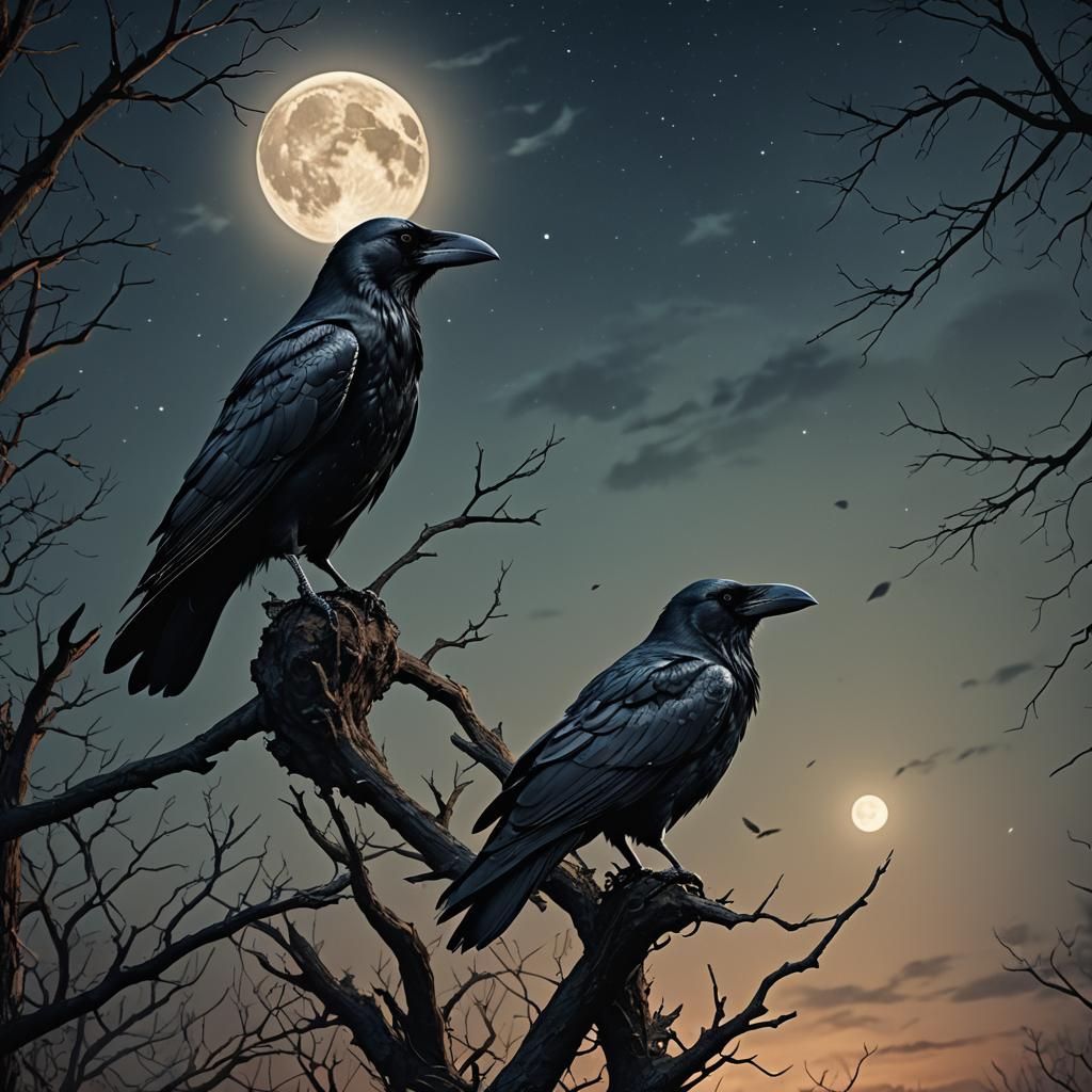 Crow Gazing at Moon: Detailed Fantasy Concept Art