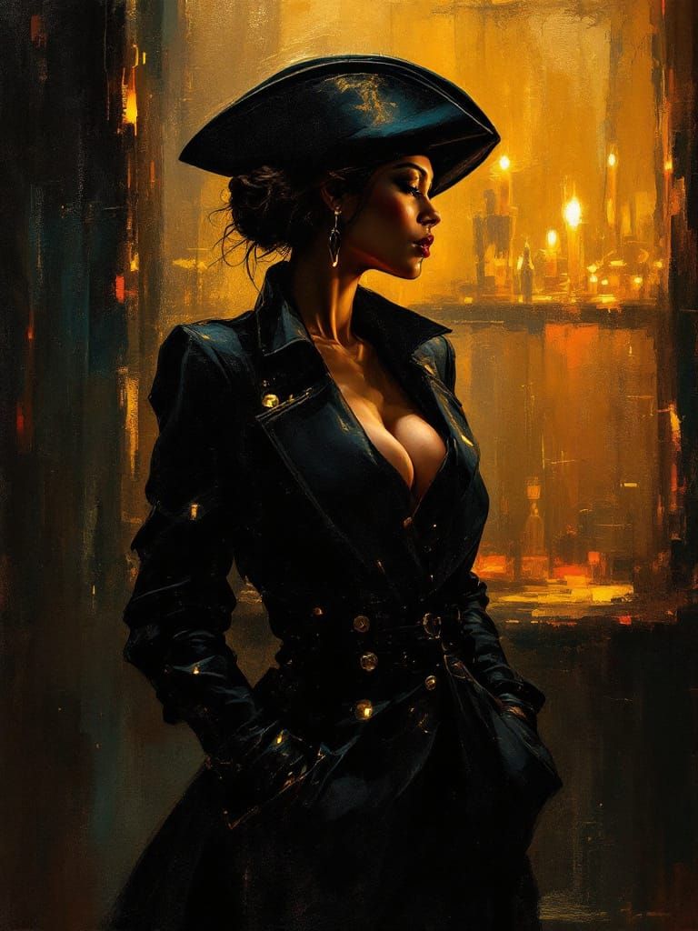 Pirate Woman in Jazz Club Atmosphere, Impressionist Style