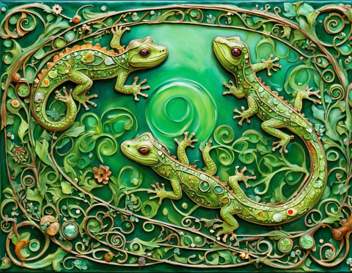 Art Nouveau Green Lizards Among Verdant Curves