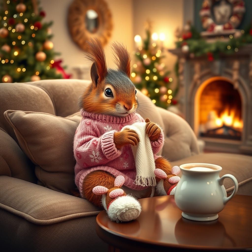 Whimsical Squirrel Knits by Christmas Tree