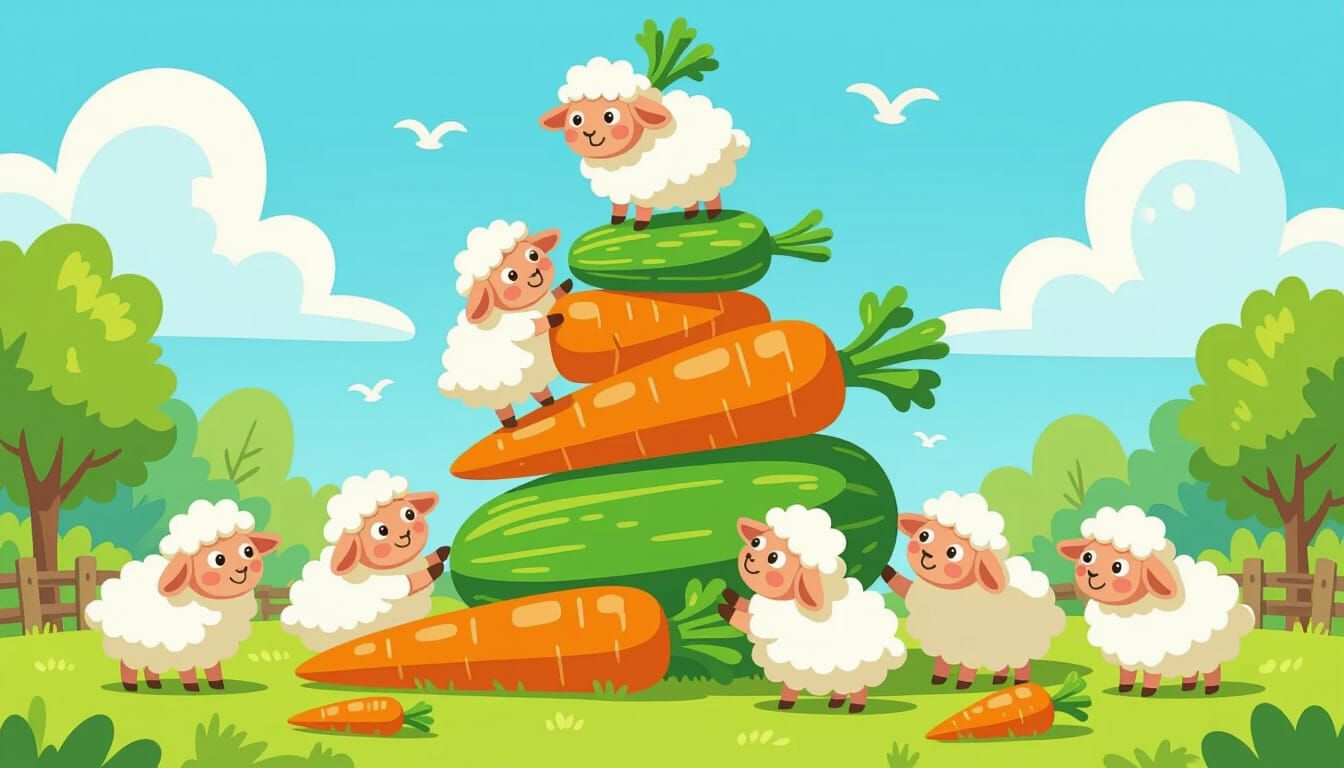 Fluffy Sheep Build Tower from Giant Vegetables