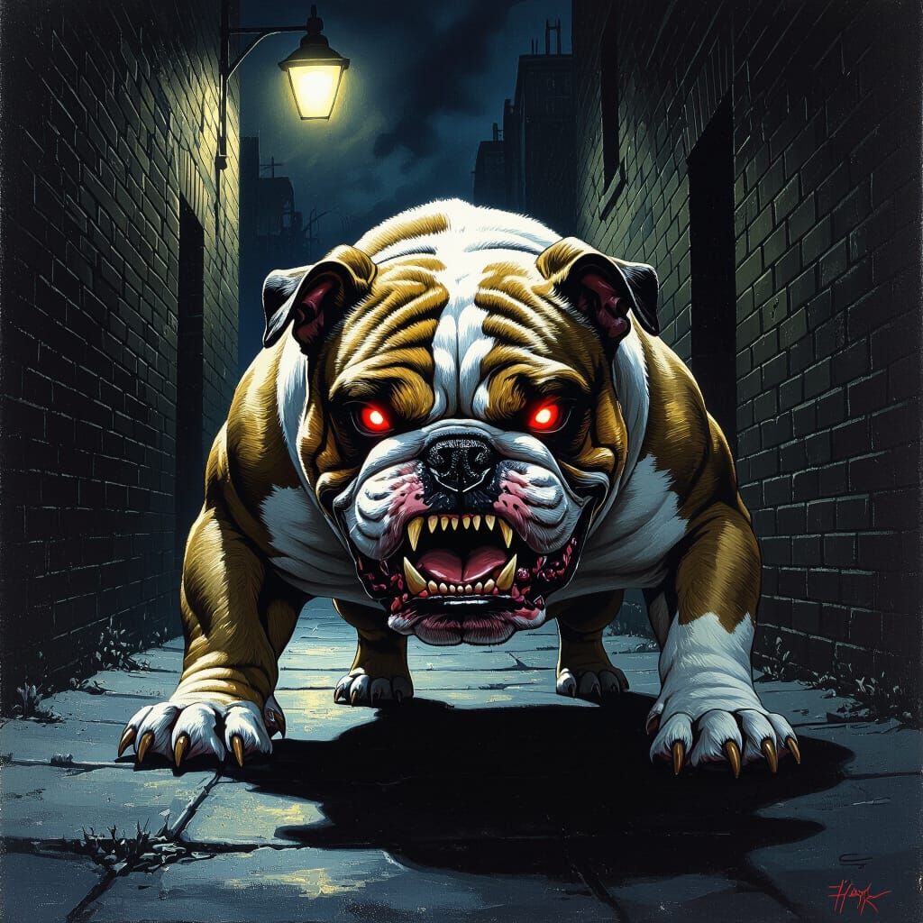 Menacing Bulldog with Glowing Red Eyes in Dark Alley