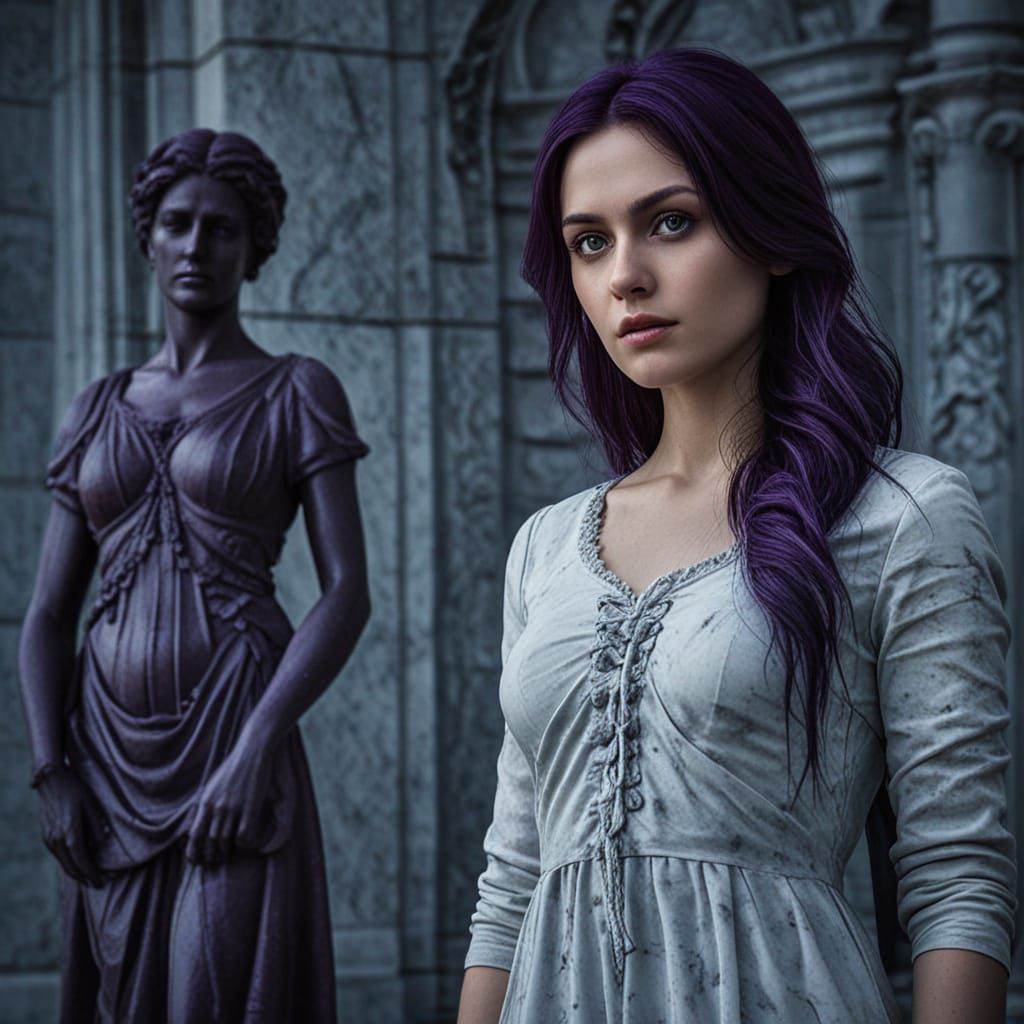 Woman with Purple Hair by Marble Statue