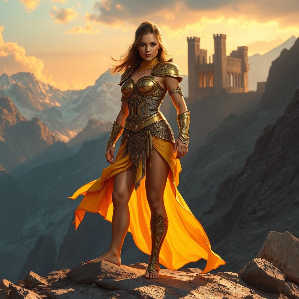 Golden Armored Warrior in Mountain Ruins - Fantasy Art