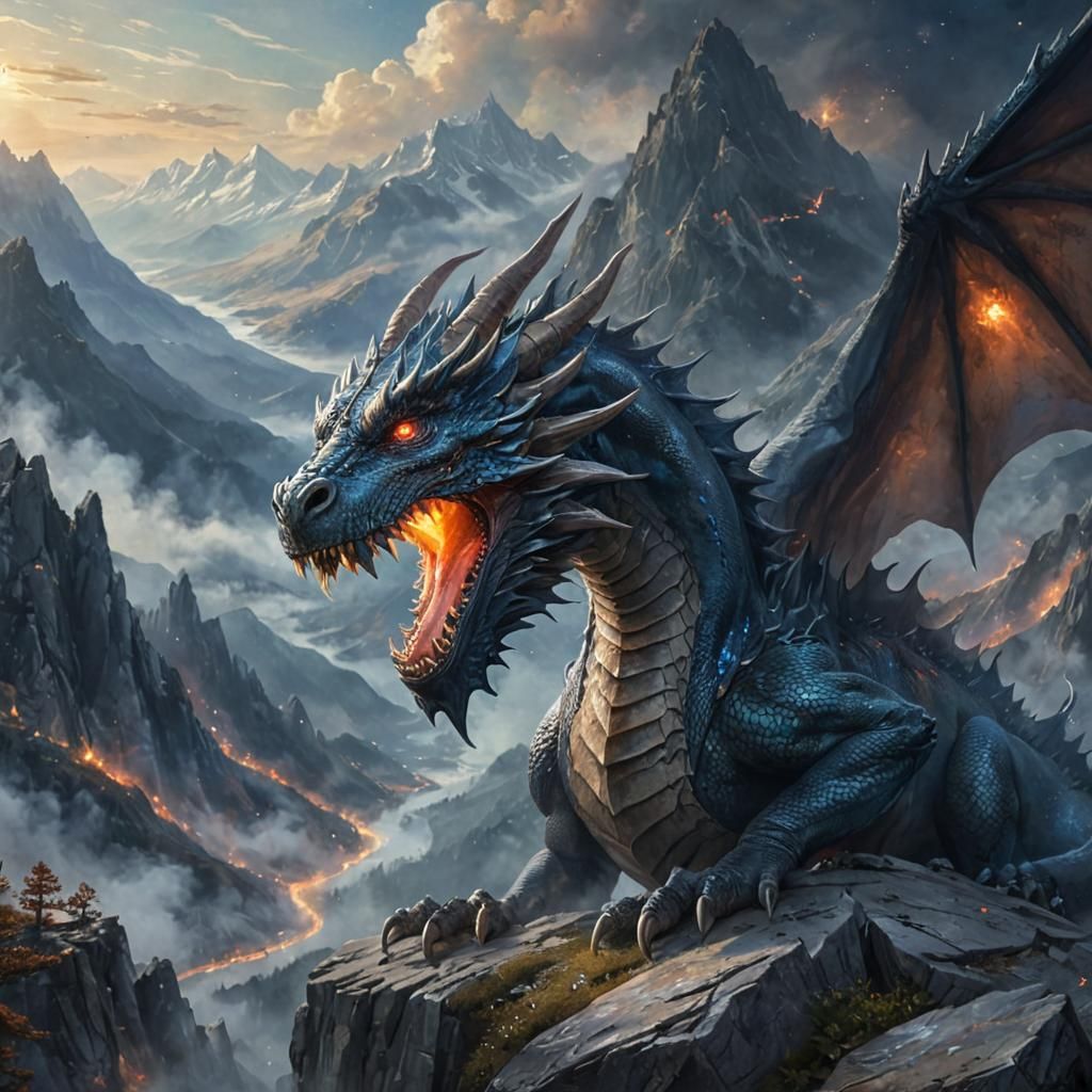 Majestic Dragon Overlooks Misty Mountain Landscape