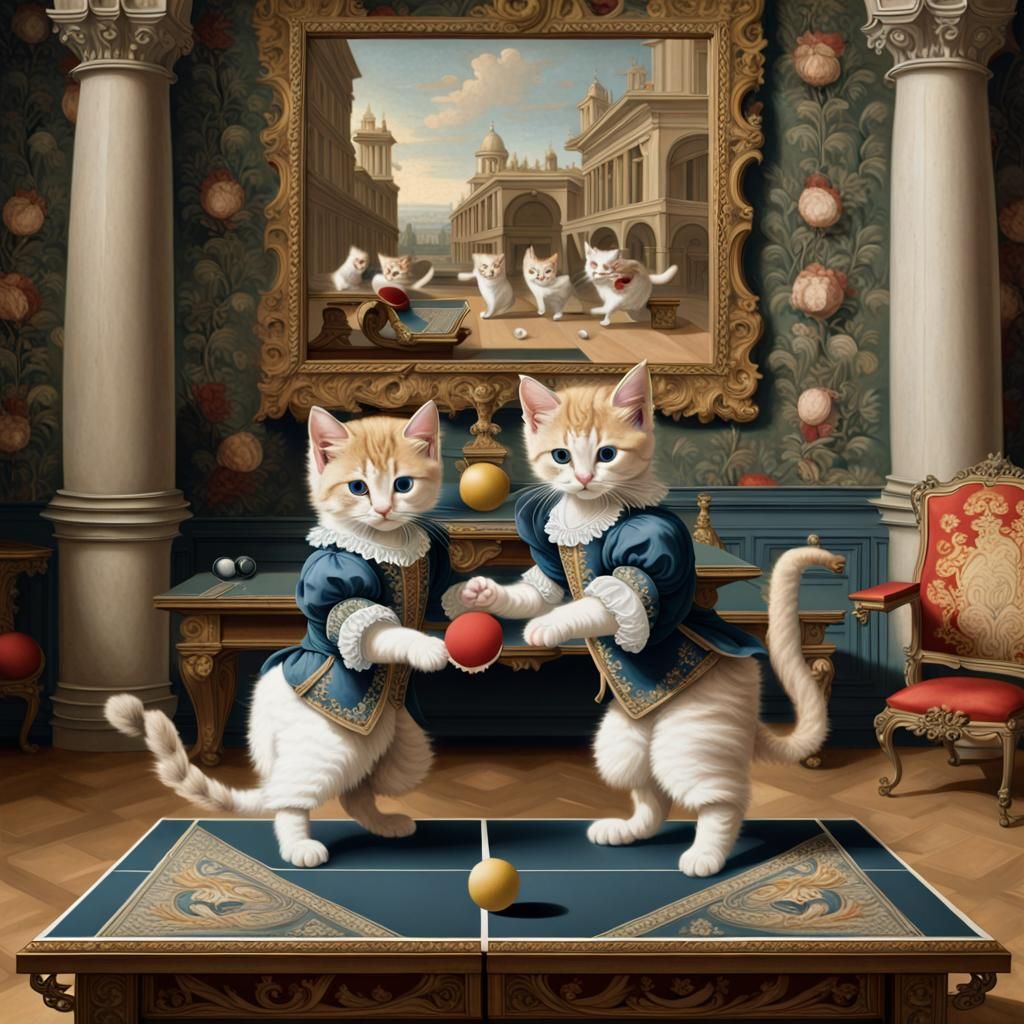 Renaissance Kittens Play Ping Pong in Ornate Room
