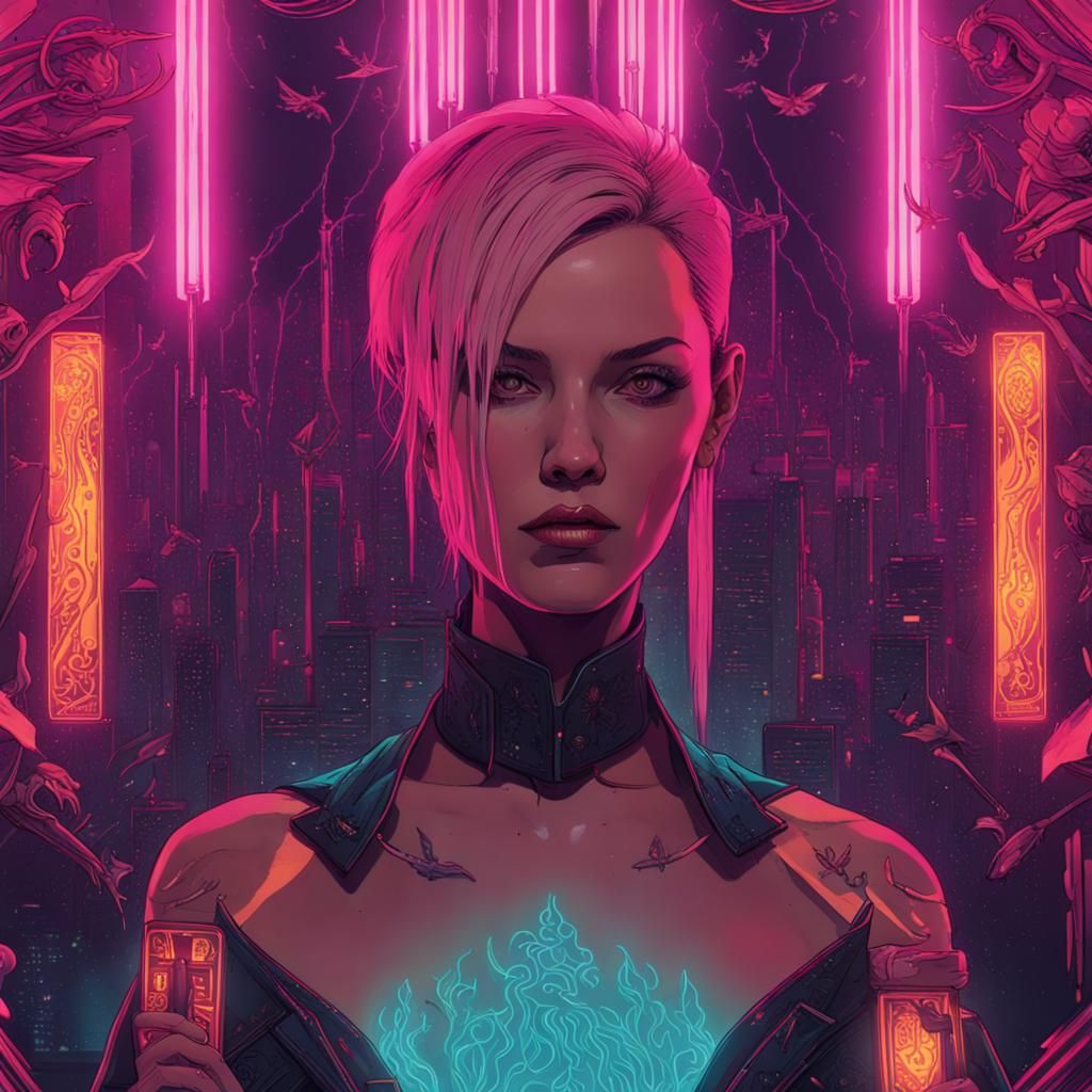 Fiery Tarot Cards in Cyberpunk Mushroom Atmosphere