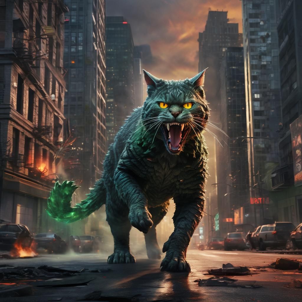 Cat Dressed as Godzilla Smashing City, Digital Art