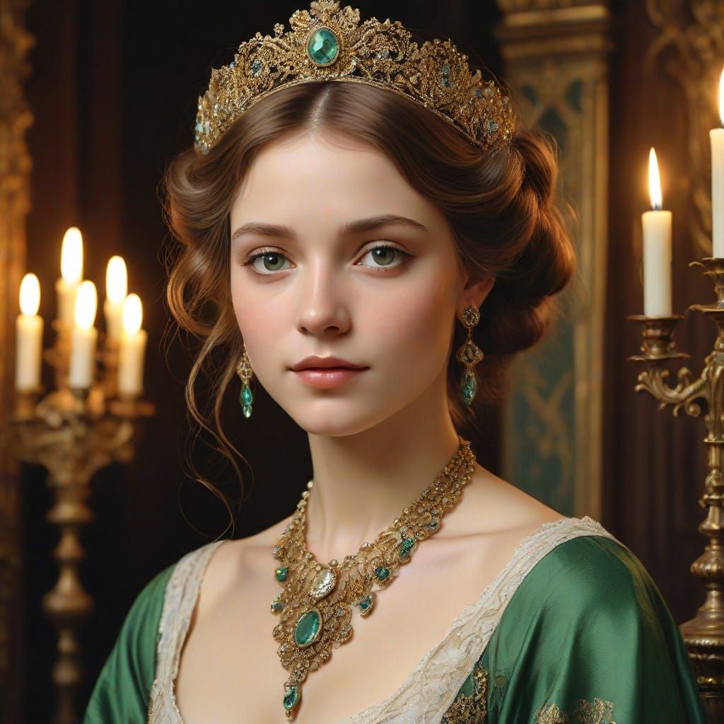 Elegant Victorian Lady in Gold Gown Poses by Candelabras