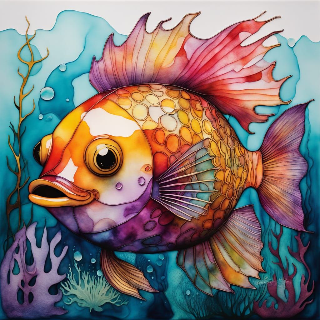 Surreal Puffer Fish in Mixed Media Style