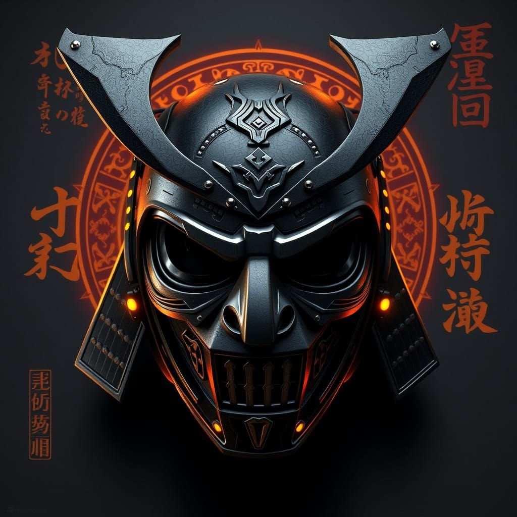 Futuristic Samurai Mask with Industrial Armor and Golden Acc...
