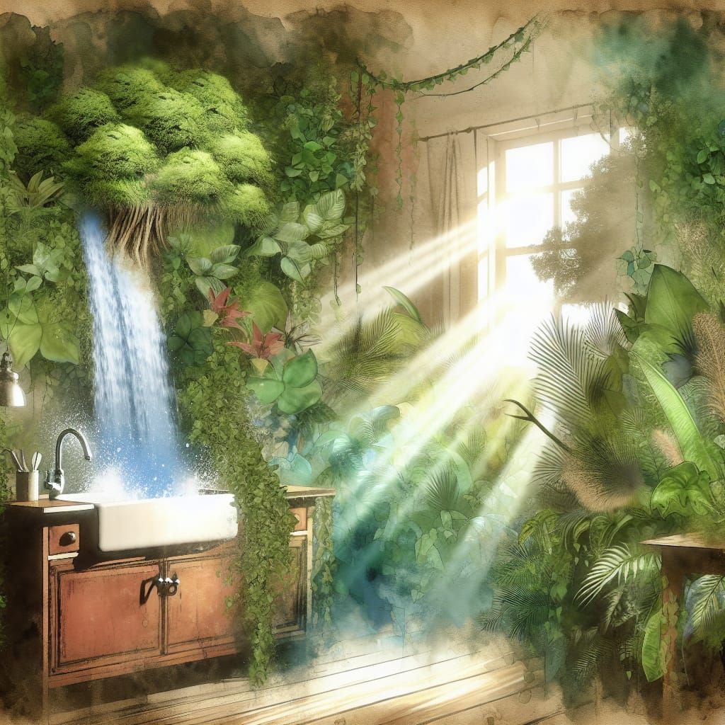 Waterfall Kitchen: An Impressionistic Watercolor Dream