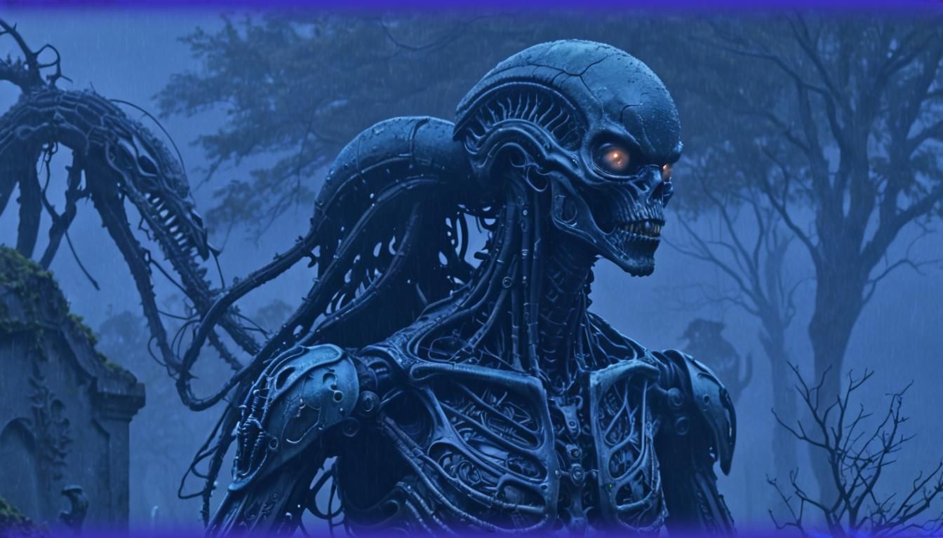 Dark Fantasy Portrait of a Xenomorph-Hybrid in Abandoned Cem...