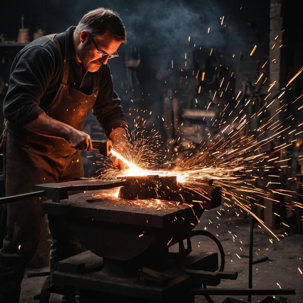 Blacksmith Forging Iron with Intense Sparks