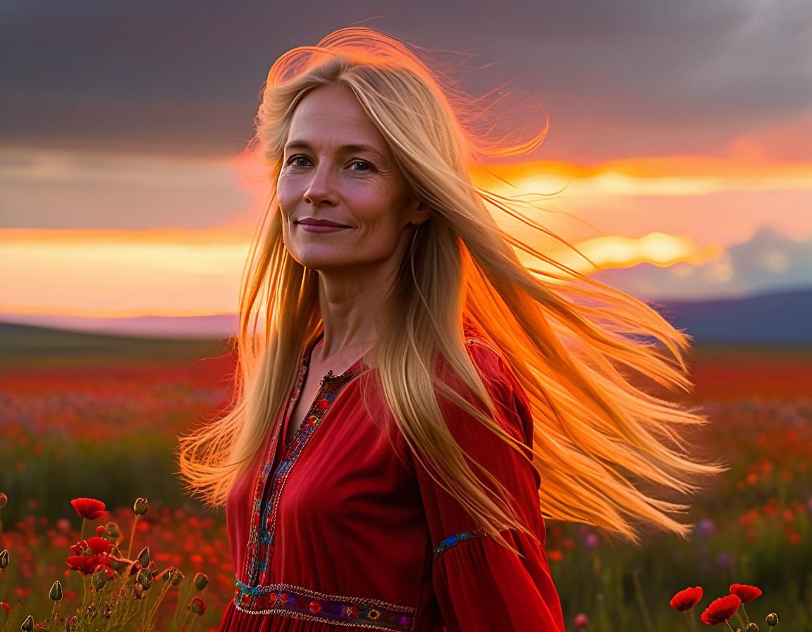 Ethereal Woman in Field: Chiaroscuro Oil Painting