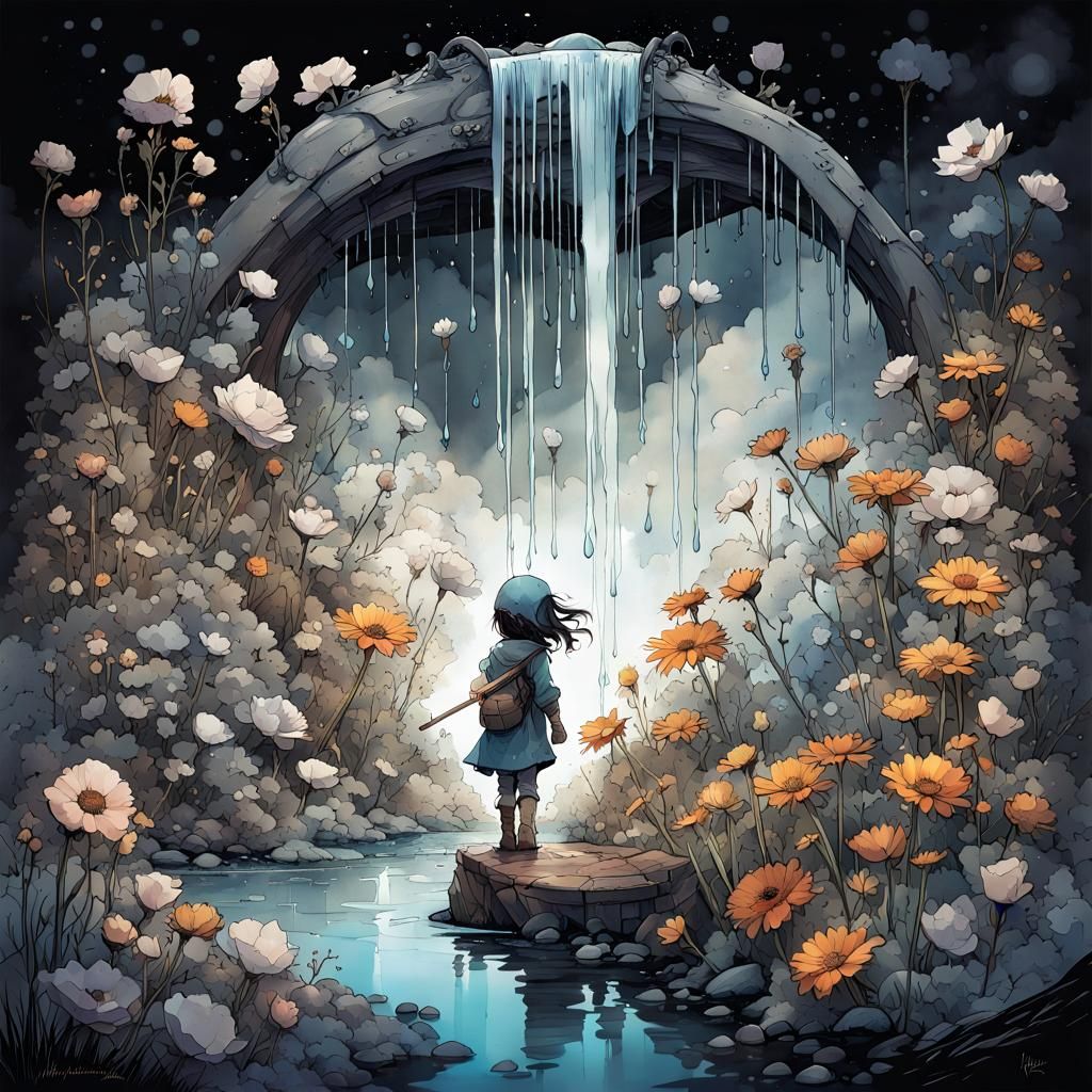 Tears Watering Wildflowers in Gritty Watercolor