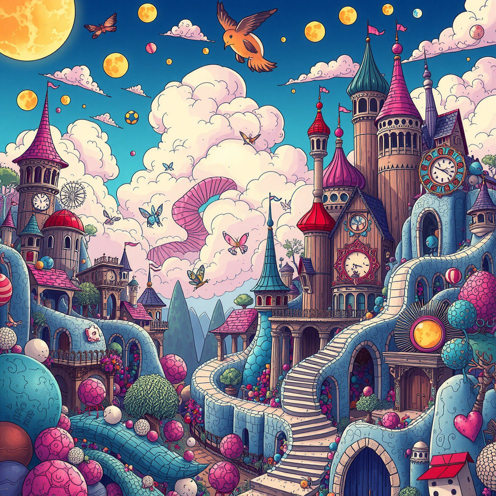 Fantasy Doodle Realm with Whimsical Landscapes and Hidden De...