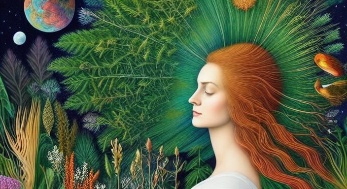 Woman Planting Trees in Warped Perspective, Detailed Illustr...