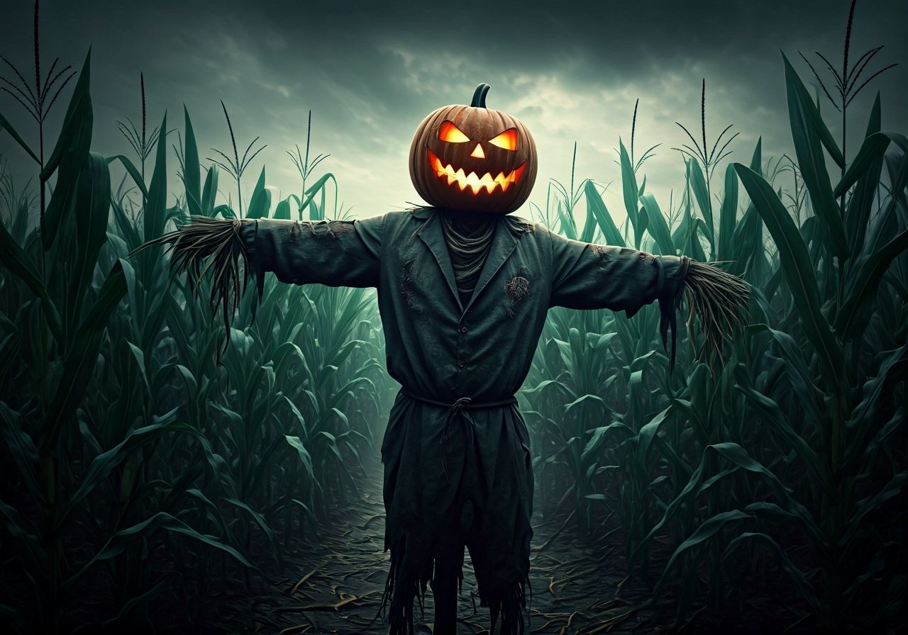 Scarecrow In Moonlit Cornfield Maze