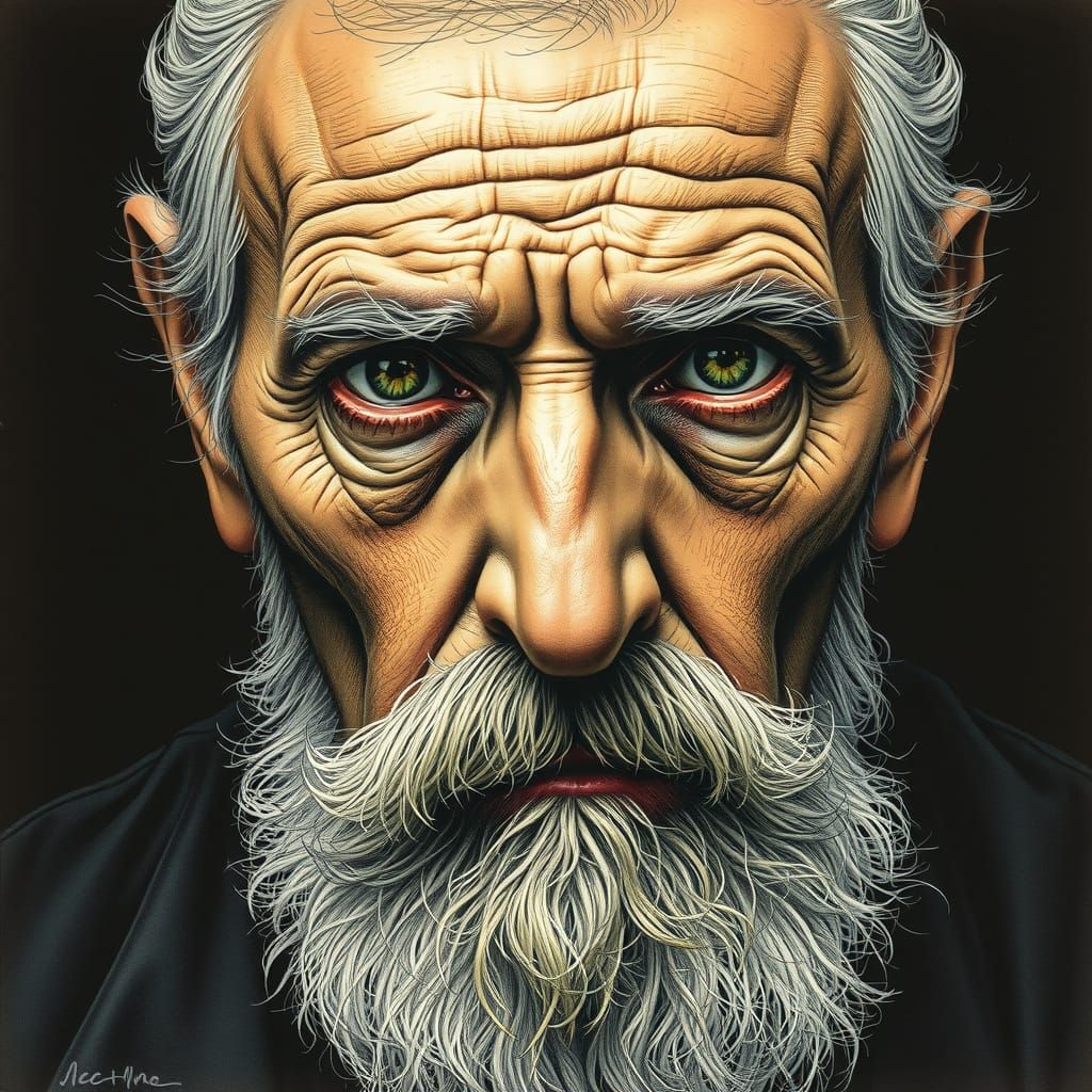 Dramatic Crosshatched Portrait of Elderly Man in Gustave Dor...