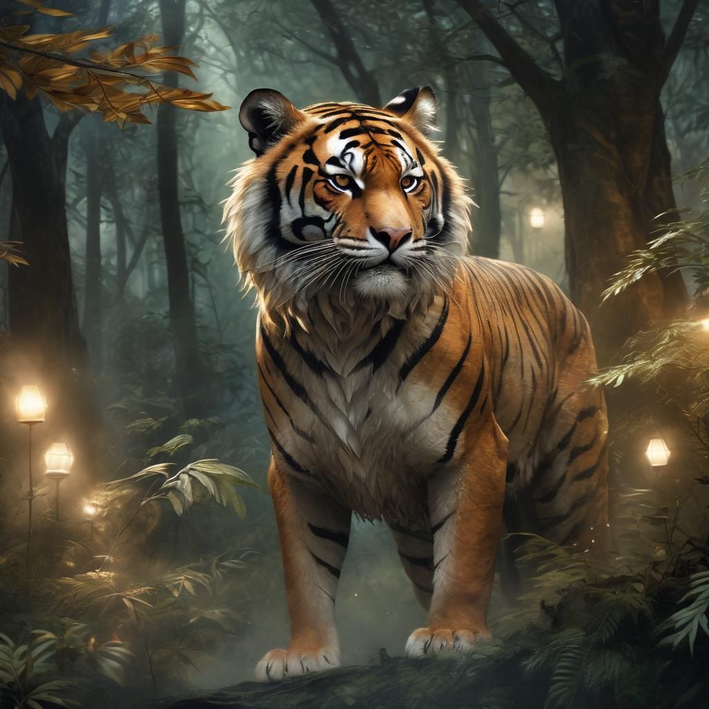 Majestic Tiger in Misty Forest, Fantasy Illustration