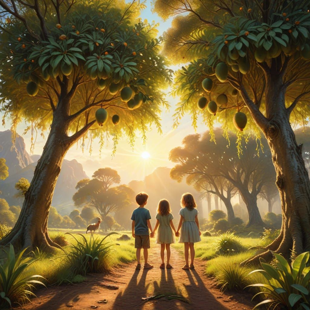 Sisters and Brother Marvel at a Golden Kiwi in a Serene Impr...