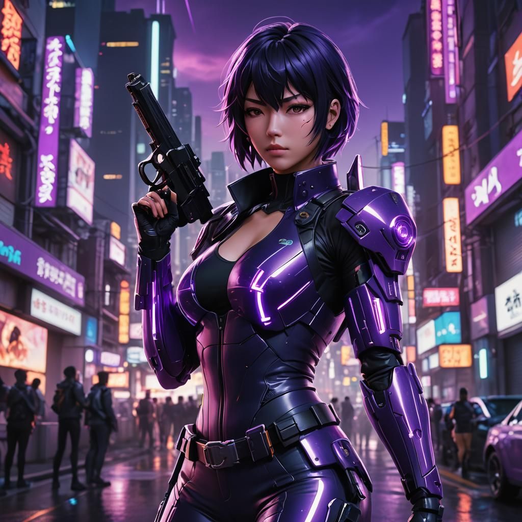 Motoko Kusanagi in Cyberpunk City, 3D Anime Art