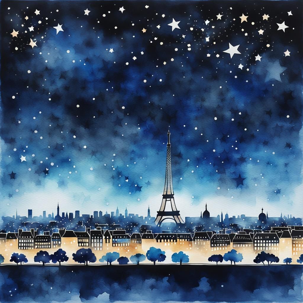 Paris Skyline in Whimsical Watercolor Style