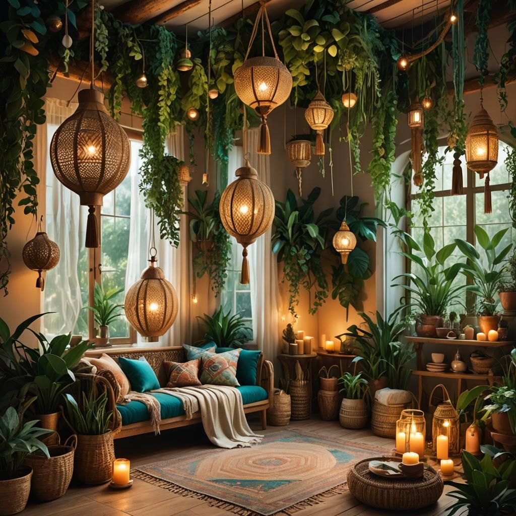 Bohemian Room with Macrame and Hanging Plants