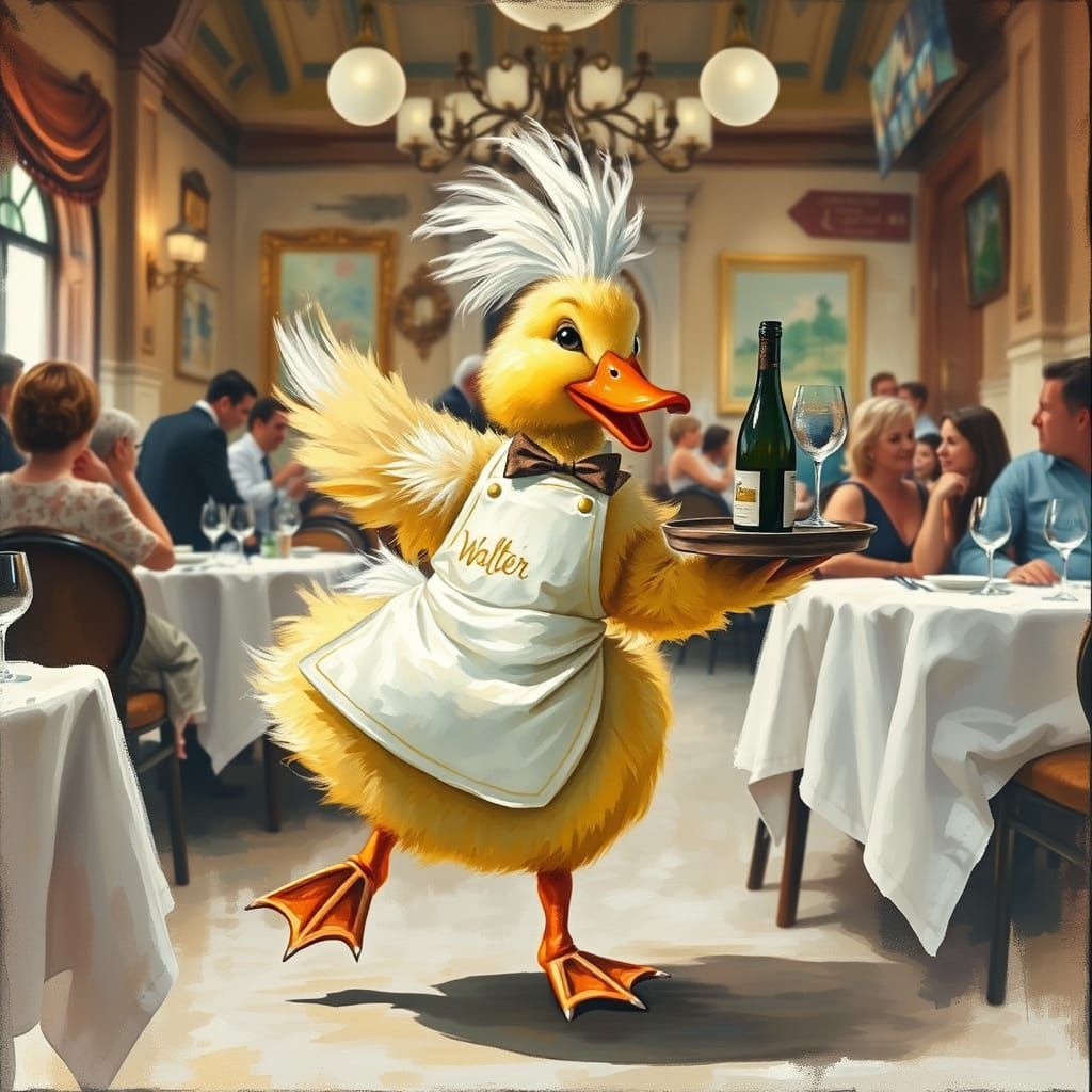 Duckling Waiter Walter: Impasto Gouache Restaurant Scene