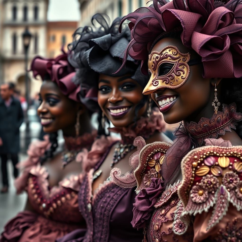 Venetian Carnival: Three Smiling Women in Detailed Masks