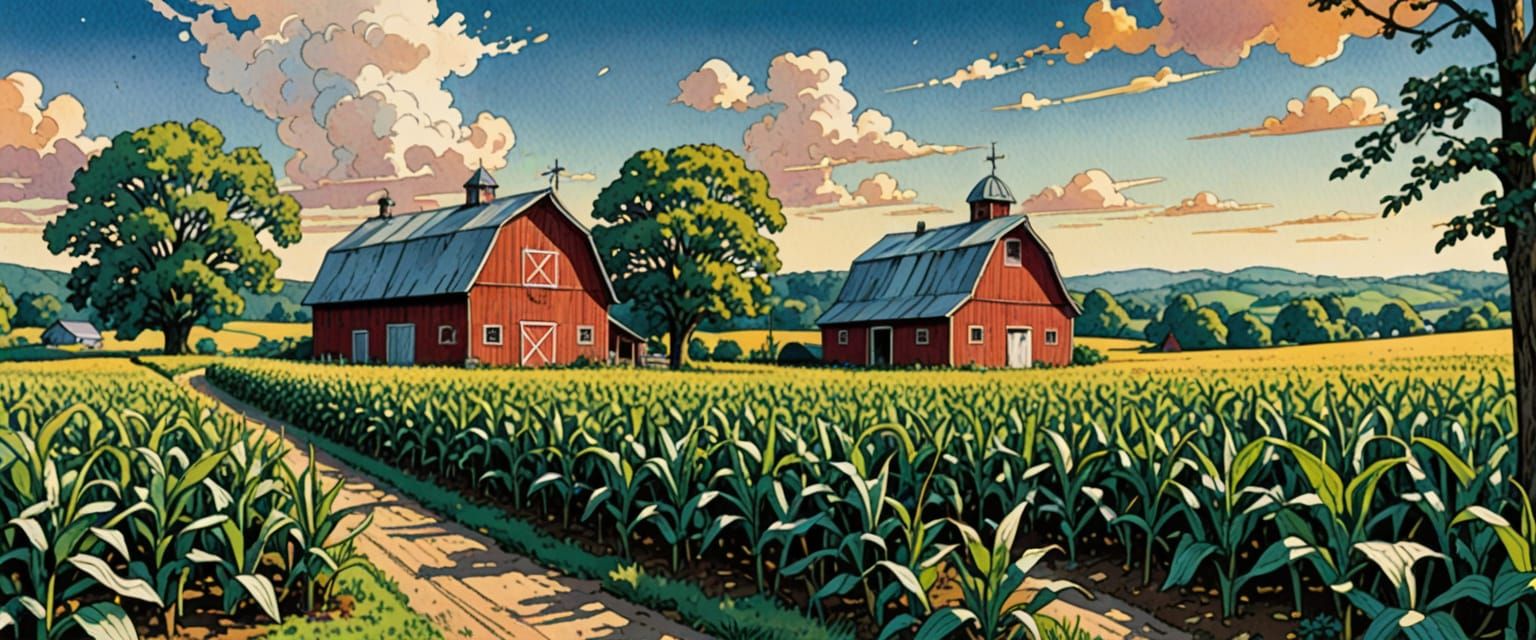 Quaint Farmhouse with Hex Signs in Comic Book Style