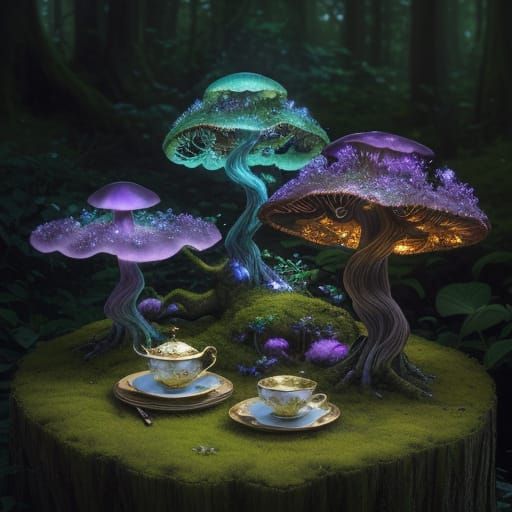Whimsical Fantasy Tea Set Amidst Ancient Forest
