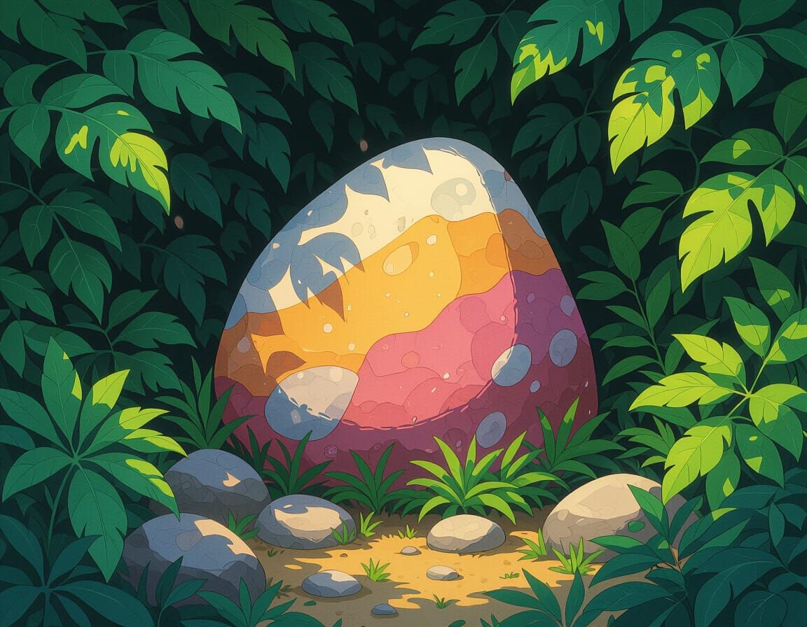 Vibrant Stone in Lush Foliage, Whimsical Art Style
