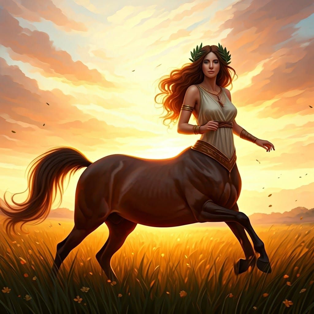 Centaur Runs Through Golden Sunset Meadow