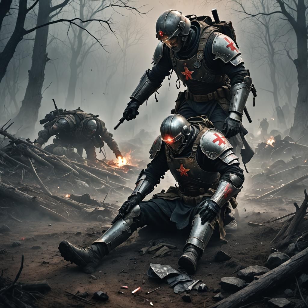 Dark Fantasy Medic on War-Torn Battlefield