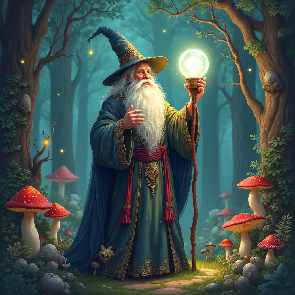 Enchanted Forest Wizard Casting a Spell in Art Nouveau Style