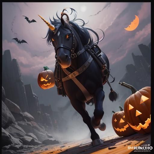 A Halloween unicorn with an orange and black mane and tail, ...