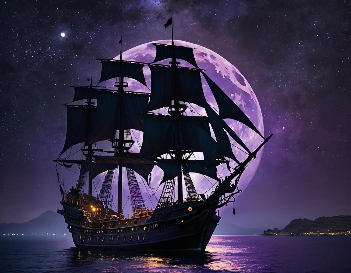 Mystical Pirate Ship Under Violet Moonlit Sky